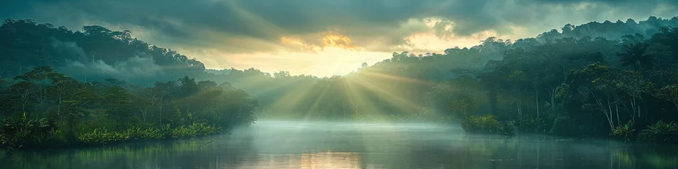 Abwaschbare Fototapete Morgen mit Nebel landscape of rainforest at a river