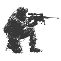 Silhouette sniper in action black color only full body - obrazy, fototapety, plakaty