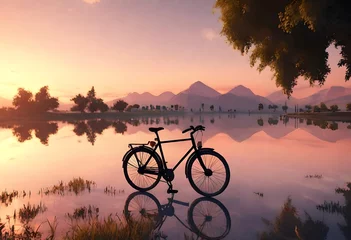 Gordijnen beautiful landscape image with Bicycle at sunset. AI generated © Muhammad
