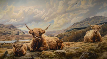 Papier Peint photo Highlander écossais  Highland Cow Family in Scotlands Hinterl