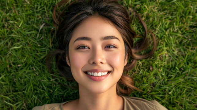 Youthful Asian woman's face with a beaming smile, lying on green grass