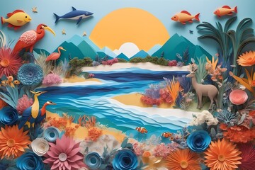 Fototapeta na wymiar Colorful wildlife, flora and fauna in paper art style, inspired by quilling and scrapbooking, promoting nature conservation, perfect for design use with side view