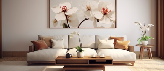 A white couch sits in the center of a light living room, with a painting hanging on the wall behind it. The room is cozy, with a brown sofa and narcissus flowers on the coffee table.