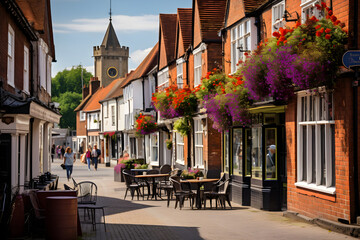Fototapeta na wymiar Charming Aylesbury Town Centre Highlighting Historic Pubs and Traditional Cobblestone Streets