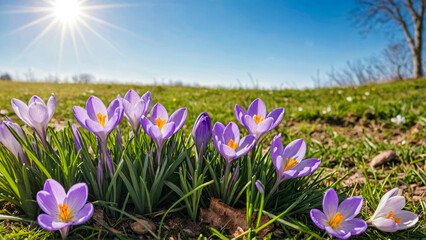 Scenic spring landscape with blue sky with sunlight, and Spring Flowers Crocus Blossoms On Grass. Copy space.