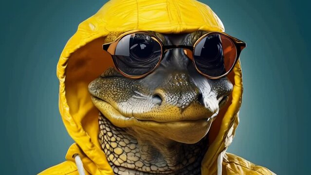 A stylish turtle wearing sunglasses and a yellow jacket. Perfect for summer-themed designs.