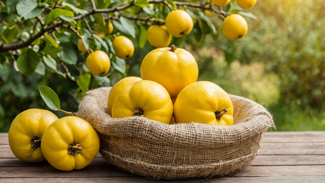 Ripe yellow quince on burlap on wooden table, against blurred background of summer or autumn garden. Fresh natural organic fruits. Healthy vitamin food. Harvesting. Copy space.
