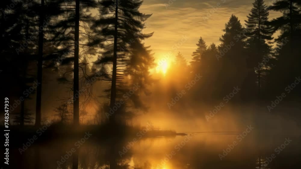 Poster sun setting behind foggy trees, ideal for nature-themed projects.