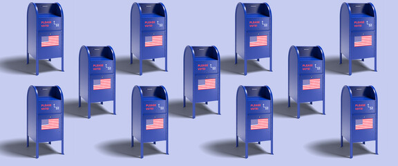 Blue mailboxes in the style of the United States Postal Services with a request to vote by mail and...