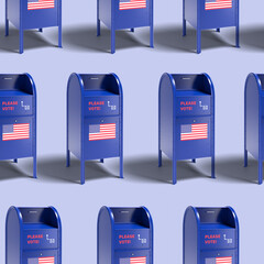 Blue mailbox in the style of the United States Postal Services with a request to vote by mail and...