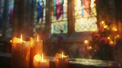 Candles burning in a church background. AI generated illustration - obrazy, fototapety, plakaty