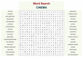 Word search puzzle vector (Word find game) illustration. Cinema. 