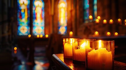Candles burning in a church background. AI generated illustration