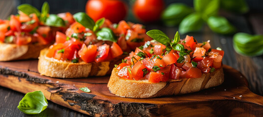A traditional Italian snack, bruschetta with tomatoes and herbs, dark background
