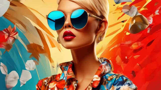 A woman wearing sunglasses and a floral shirt. Suitable for fashion or summer themed designs.