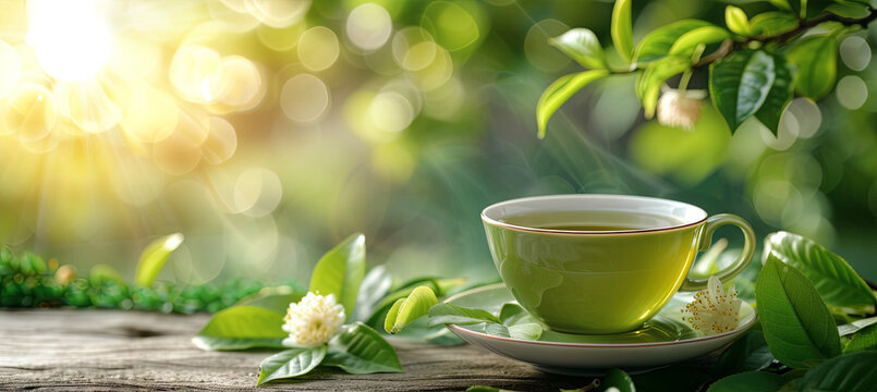 Cup with green tea with tea leaves on the green bokeh background