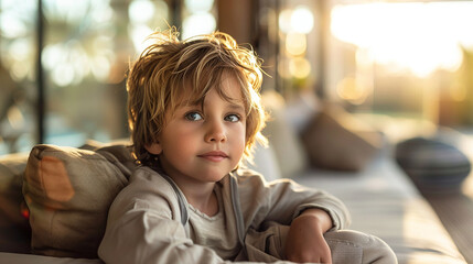 Boy with tousled hair lounging on a cushioned bench. Natural light portrait with bokeh background. Childhood innocence concept. Design for poster, banner, cover. Close-up with copy space