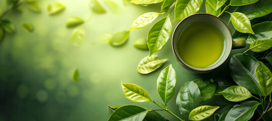 Cup with green tea with tea leaves on the green background, top view 