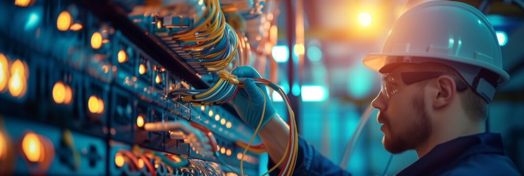 electrician and engineer work on an electrical circuit with many cables for communication and data transfer