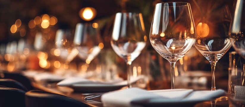 A row of empty wine glasses neatly arranged on top of a dining table, set for a dinner service in a restaurant. The crystal clear glasses reflect the ambient light,
