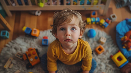 Curious toddler playing with toys on a fuzzy rug. Child development and play concept. Design for educational content, child care. Wide angle indoor shot with vibrant colors and playful atmosphere