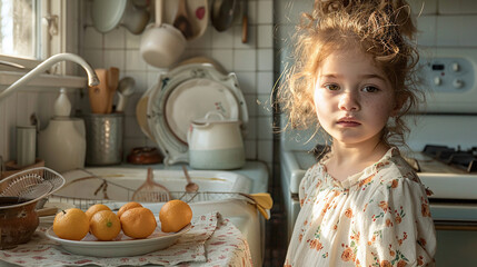 Little girl with curly hair standing in a kitchen with oranges on a plate. Indoor natural light portrait with vintage kitchenware background. Healthy eating and childhood concept for design and print