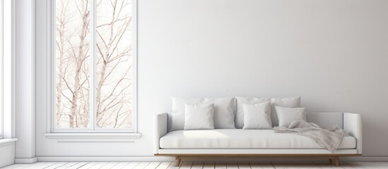 A white minimalist room with a couch positioned on a wooden floor, with simple decor and a large window showing a white landscape. This home interior features a nordic design aesthetic.