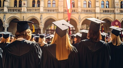 A group of university graduates in black gowns and mortarboards stand with their backs to the camera.