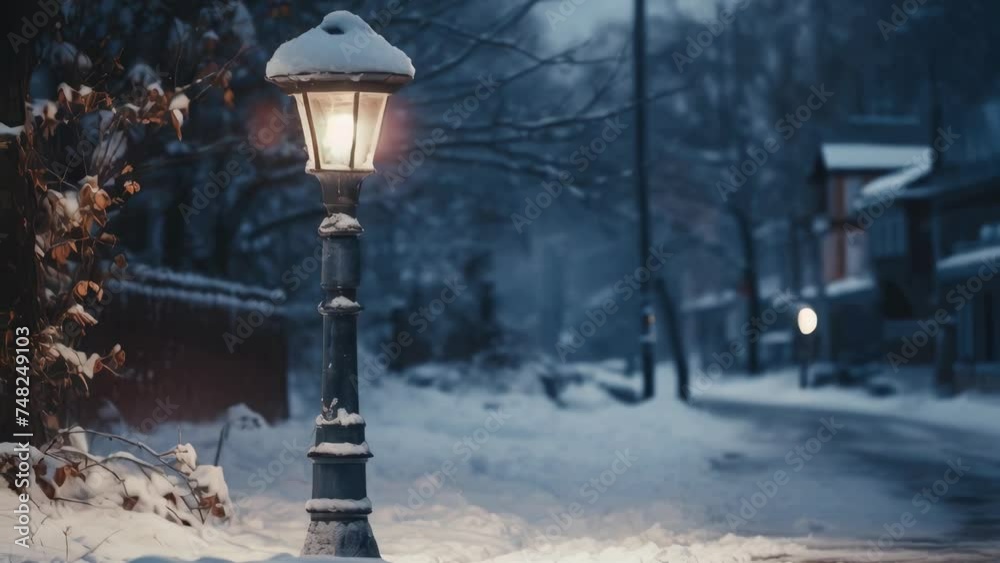 Poster A street light shining in the middle of a snowy street. Suitable for winter concept designs.