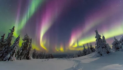 Foto auf Leinwand Winterliche Polarlichter: Magisches Schauspiel in lila und grünem Nachthimmel © Anita