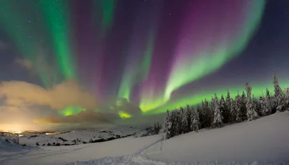 Fototapeten Winterliche Polarlichter: Magisches Schauspiel in lila und grünem Nachthimmel © Anita