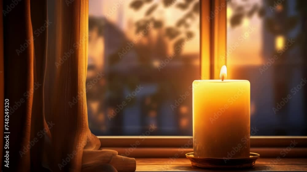 Poster a lit candle placed in front of a window. suitable for home decor or relaxation themes.