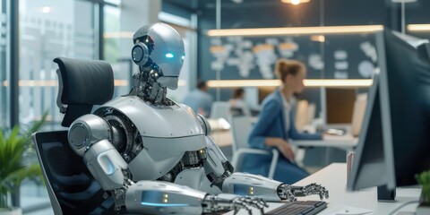 A humanoid robot with advanced features is seated at a desk, engaging in tasks alongside human colleagues in a modern office setting. AIG41