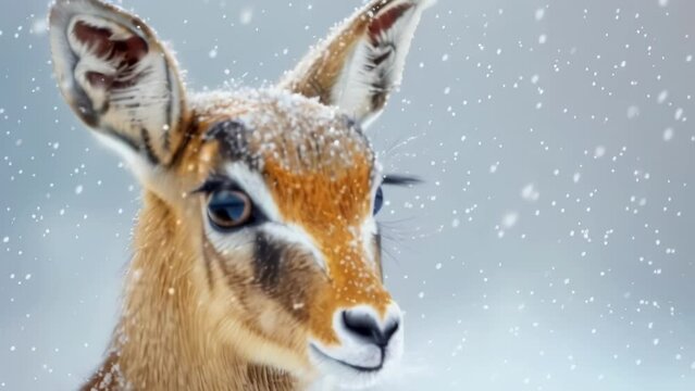 Closeup of a dikdiks delicate features as it stands on a snowy landscape. Its long eyelashes and nose are highlighted against the white