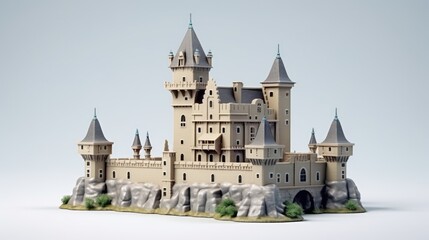 Obraz premium A 3D rendering of a fairytale castle. The castle is made of light brown stone and has four towers.