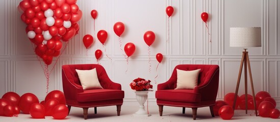 A cozy room filled with numerous red chairs and balloons, including a heart-shaped balloon with the word Love for Valentines Day celebration. The chairs are arranged neatly throughout the room,