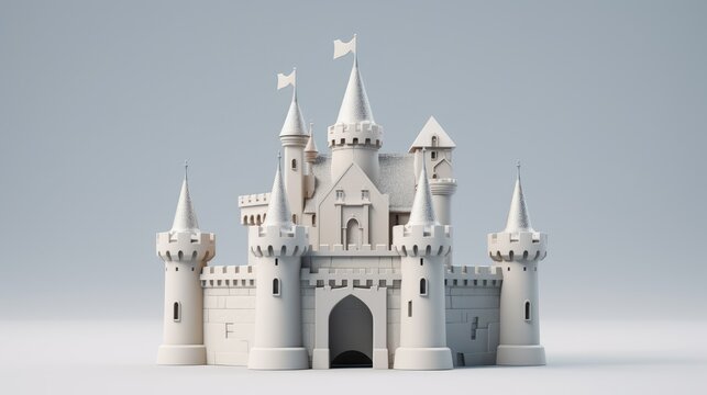 A 3D rendering of a fairytale castle. The castle is made of white stone and has six towers. The towers are topped with silver flags.