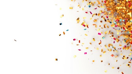 Gold confetti falling on a white background. Use it as a party, celebration, or event background.
