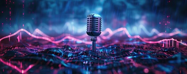 Microphone and radio wave on dark background, bokeh effect. Banner design. AI generated illustration - obrazy, fototapety, plakaty