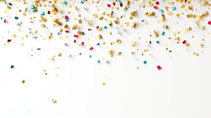 Falling confetti on a white background. The confetti is in various colors, including gold, silver, red, blue, and green.