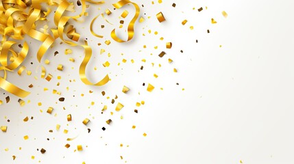 Gold confetti and serpentine on a white background. Festive background for birthday, anniversary, wedding, New Year. Vector illustration.