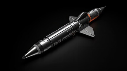 3D rendering of a futuristic missile. The missile is sleek and silver with orange details. It is lying on a black surface.