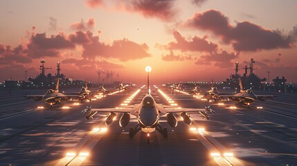 military fighter jet aircrafts parked on runway standby ready to take in sunset. AI generated illustration - obrazy, fototapety, plakaty