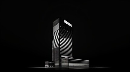 The dark and moody exterior of a modern skyscraper is shown in stunning detail in this black and white photograph.