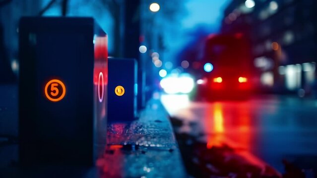 A row of small sensors p along the side of a road each with a 5G logo. These devices are seamlessly connected to the network providing realtime data on traffic patterns and