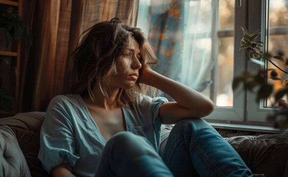 Side view crying woman looking away at window sitting on couch at home.