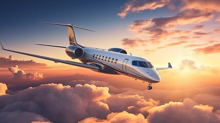 A private jet flies high above the clouds at sunset. The sky is a brilliant orange and yellow, and...