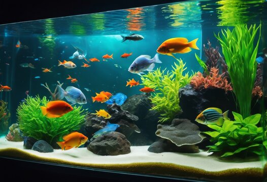 illustration, setting new aquarium filling water introducing various fish into tank, aquatic, freshwater, marine, setup, decor, light, hobby, glass, underwater