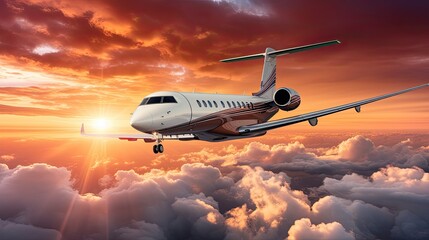 A private jet flies high above the clouds at sunset. The sky is a brilliant orange and yellow, and the clouds are a soft white. - obrazy, fototapety, plakaty