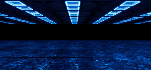 Background for futuristic design. Background for your product. Blue spotlights in a metal hangar....